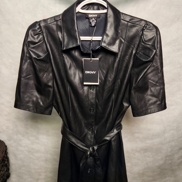 NWT DKNY Faux Leather Dress with Puffed Sleeves - Picture 2 of 12